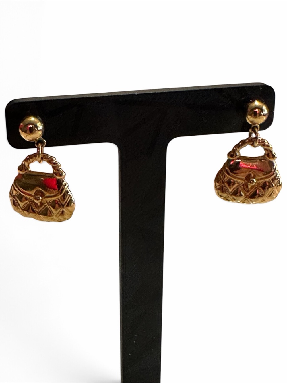 Vintage Gold Tone Handbag Purse Charm Dangle Pierced Earrings